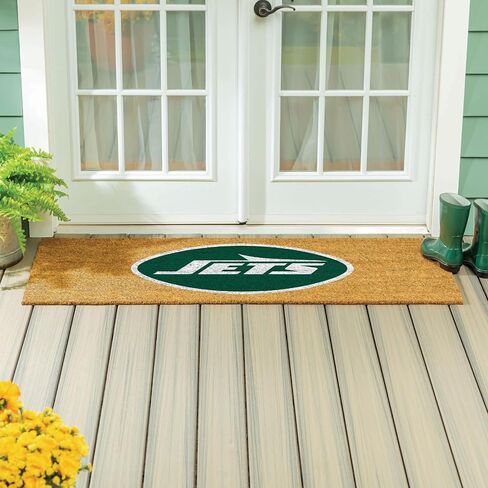 ممسحة أرجل فريق سبورتس أمريكا NFL New York Jets Coir، شعار الفريق الرسمي بالألوان الكاملة، سجادة باب أمامية كبيرة جدًا، سجادة مدخل داخلية خارجية، سجادة ترحيب غير قابلة للانزلاق للأبواب المزدوجة فناء الشرفة in Saudi Arabia