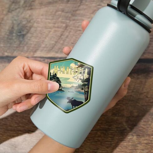 Die Cut Sticker Minnesota, Lithograph, Moose and Lake, Vinyl Sticker, (Waterproof Decal for Cars, Water Bottles, Laptops, Coolers), Small in Saudi Arabia