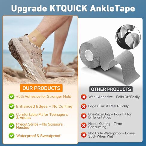 شريط علم الحركة المسبق القطع للكاحل، شريط كاحل رياضي مطور 12 قطعة، شريط KTQUICK لدعم الكاحل وتخفيف الألم، لاصق أقوى بنسبة 5%، شريط كاحل قطني مقاوم للماء وجيد التهوية (بيج) in Kuwait