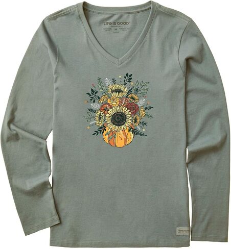 Life is Good. Women's Fall Pumpkin Flowers Long Sleeve Crusher Vee, Moss Green in Saudi Arabia