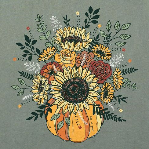 Life is Good. Women's Fall Pumpkin Flowers Long Sleeve Crusher Vee, Moss Green in Saudi Arabia