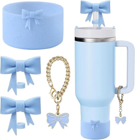 Cup Accessories Set for Stanley,Including1Pcs Silicone Boot Sleeve, 2Pcs Cute Glitter Bow Straw Cover Caps 10mm Reusable Straw Toppers and 1Pcs Handle Charm for Stanley Tumbler 30&40oz. in Saudi Arabia