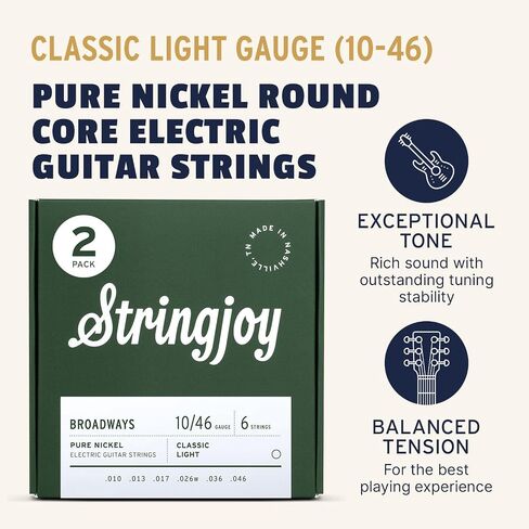 Stringjoy BR1046 برودوايز أوتار جيتار كهربائي من النيكل النقي، 10-46 مقياس الضوء الكلاسيكي، متين، أوتار جيتار لتعزيز النغمة واللعب السلس، أوتار جيتار كهربائي مجموعة 6 أوتار، عبوتان in Kuwait