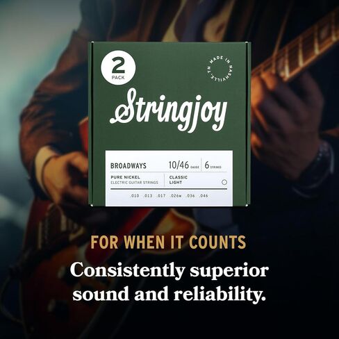 Stringjoy BR1046 برودوايز أوتار جيتار كهربائي من النيكل النقي، 10-46 مقياس الضوء الكلاسيكي، متين، أوتار جيتار لتعزيز النغمة واللعب السلس، أوتار جيتار كهربائي مجموعة 6 أوتار، عبوتان in Kuwait