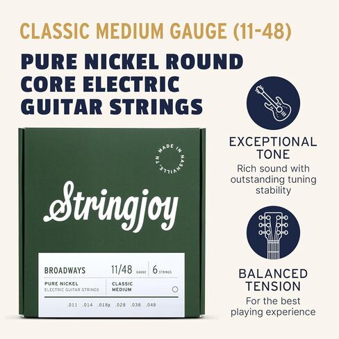 Stringjoy BR1046 برودوايز أوتار جيتار كهربائي من النيكل النقي، 10-46 مقياس الضوء الكلاسيكي، متين، أوتار جيتار لتعزيز النغمة واللعب السلس، أوتار جيتار كهربائي مجموعة 6 أوتار، عبوتان in Kuwait