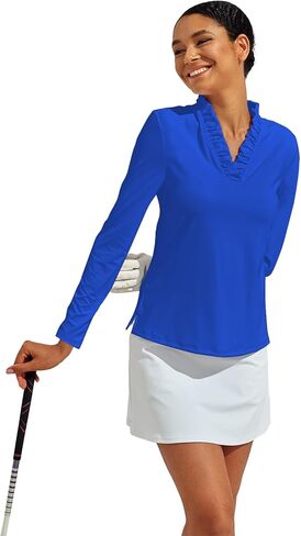ACEGOLFS المرأة جولف قمصان بولو عادية كشكش الخامس الرقبة طويلة الأكمام بلايز للنساء UPF 50 + طفح الحرس قميص سيدات البلوز in Kuwait