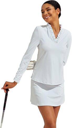 ACEGOLFS المرأة جولف قمصان بولو عادية كشكش الخامس الرقبة طويلة الأكمام بلايز للنساء UPF 50 + طفح الحرس قميص سيدات البلوز in Kuwait