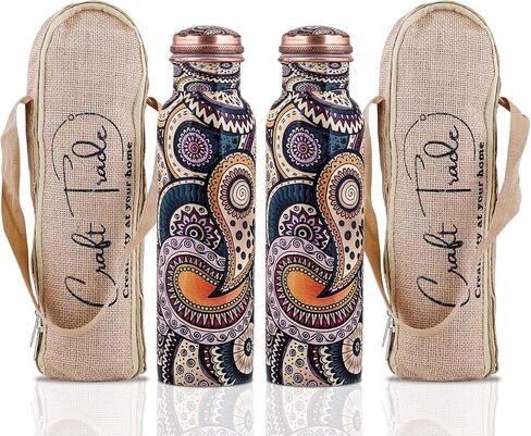 Craft Trade 100% Pure Copper Water Bottle (34 Oz) – Ayurveda Inspired Yoga Copper Bottle with Jute Carry Case, Handcrafted in Ethnic Print - Boosts Immunity, Leak-Proof, BPA-Free, Heavy-Duty - 2 Pk in Kuwait