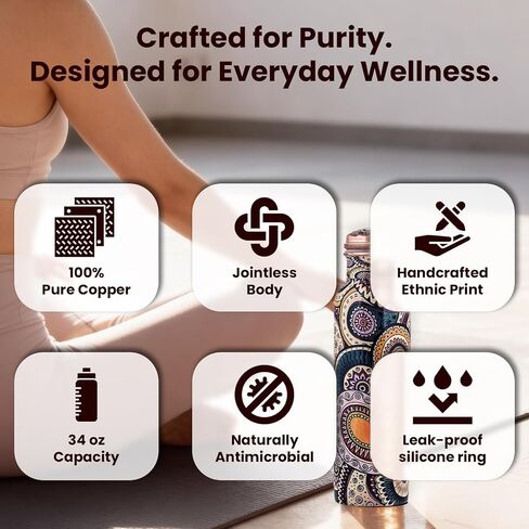 Craft Trade 100% Pure Copper Water Bottle (34 Oz) – Ayurveda Inspired Yoga Copper Bottle with Jute Carry Case, Handcrafted in Ethnic Print - Boosts Immunity, Leak-Proof, BPA-Free, Heavy-Duty - 2 Pk in Kuwait