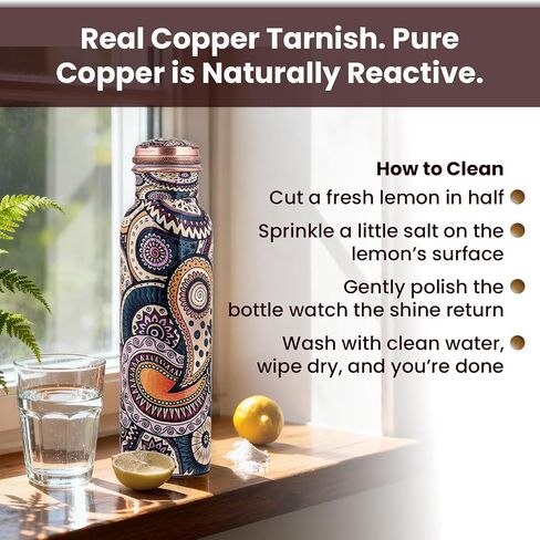 Craft Trade 100% Pure Copper Water Bottle (34 Oz) – Ayurveda Inspired Yoga Copper Bottle with Jute Carry Case, Handcrafted in Ethnic Print - Boosts Immunity, Leak-Proof, BPA-Free, Heavy-Duty - 2 Pk in Kuwait