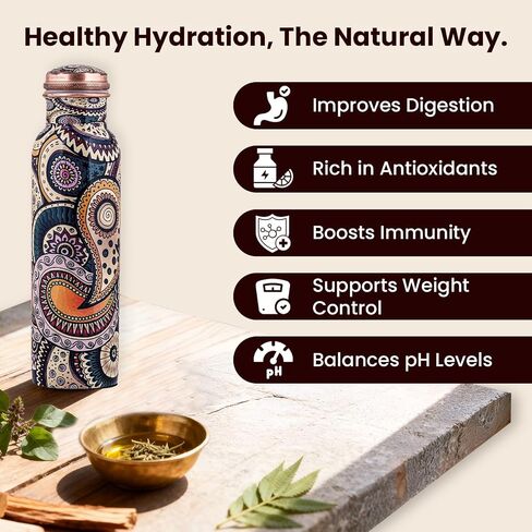 Craft Trade 100% Pure Copper Water Bottle (34 Oz) – Ayurveda Inspired Yoga Copper Bottle with Jute Carry Case, Handcrafted in Ethnic Print - Boosts Immunity, Leak-Proof, BPA-Free, Heavy-Duty - 2 Pk in Kuwait