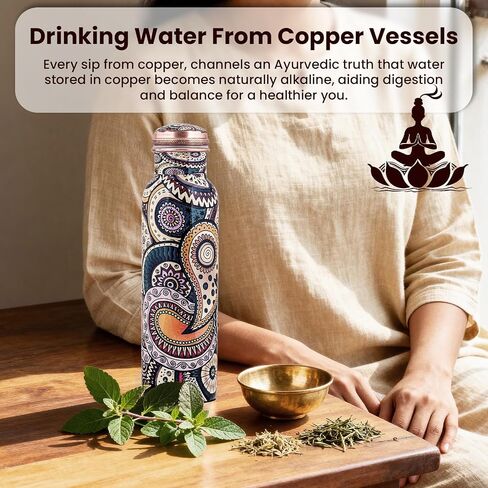 Craft Trade 100% Pure Copper Water Bottle (34 Oz) – Ayurveda Inspired Yoga Copper Bottle with Jute Carry Case, Handcrafted in Ethnic Print - Boosts Immunity, Leak-Proof, BPA-Free, Heavy-Duty - 2 Pk in Kuwait