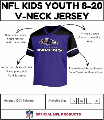 NFL Kids Youth 8-20 Officially Licensed Team Color Wordmark Primary Logo Victory Stripe V-Neck Jersey T-Shirt in Saudi Arabia