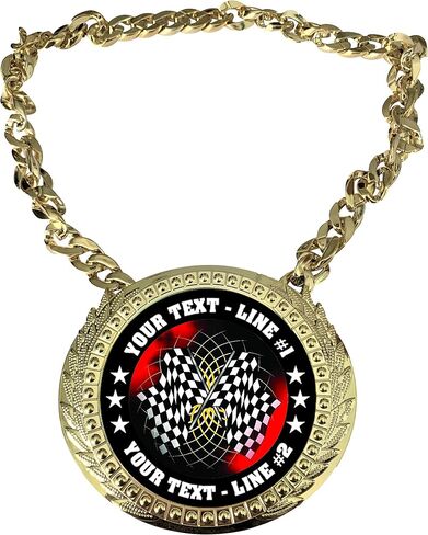 Express Medals Custom Auto Racing Flags Champ Chain Trophy with 2 Lines of Personalized Text on a Large Rigid Plastic Award Medal and 34 Inch Long Gold Color Neck Chain. FCL436 in Saudi Arabia