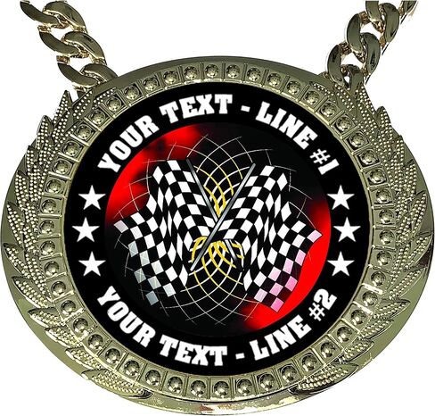 Express Medals Custom Auto Racing Flags Champ Chain Trophy with 2 Lines of Personalized Text on a Large Rigid Plastic Award Medal and 34 Inch Long Gold Color Neck Chain. FCL436 in Saudi Arabia