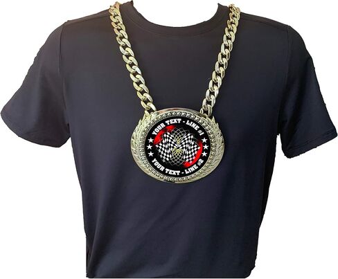 Express Medals Custom Auto Racing Flags Champ Chain Trophy with 2 Lines of Personalized Text on a Large Rigid Plastic Award Medal and 34 Inch Long Gold Color Neck Chain. FCL436 in Saudi Arabia