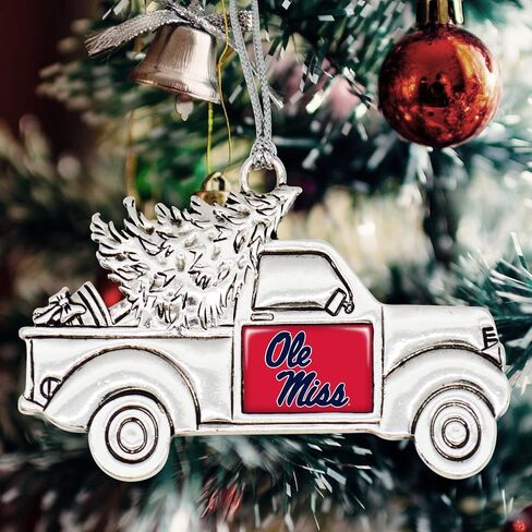 Ole Miss Rebels Vintage Truck Ornament with Team Logo Silver Metal Tree Decoration in Saudi Arabia