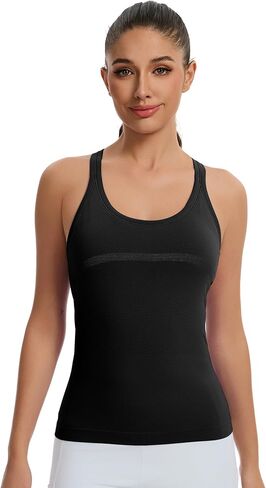 DINNAPE قمصان بدون أكمام للتمرين للنساء، قمصان بدون أكمام بظهر Racerback مع حمالة صدر مدمجة على شكل حرف Y، قمصان رياضية لليوجا والجيم in Kuwait