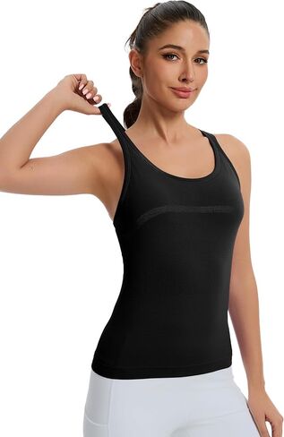 DINNAPE قمصان بدون أكمام للتمرين للنساء، قمصان بدون أكمام بظهر Racerback مع حمالة صدر مدمجة على شكل حرف Y، قمصان رياضية لليوجا والجيم in Kuwait