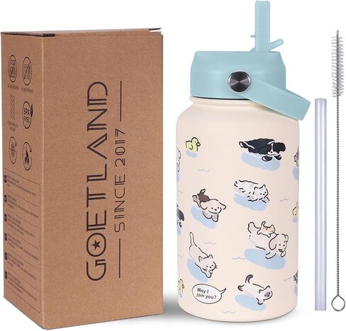 Goetland 20 oz Insulated Water Bottle with Straw Lid Stainless Steel Cute Dog Cat Pattern UV Printed Vacuum Double Wall Leakproof Wide Mouth for Kids Girls Women Light Blue in Saudi Arabia