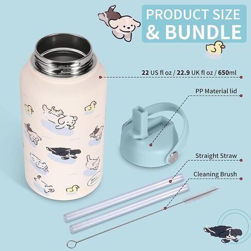Goetland 20 oz Insulated Water Bottle with Straw Lid Stainless Steel Cute Dog Cat Pattern UV Printed Vacuum Double Wall Leakproof Wide Mouth for Kids Girls Women Light Blue in Saudi Arabia