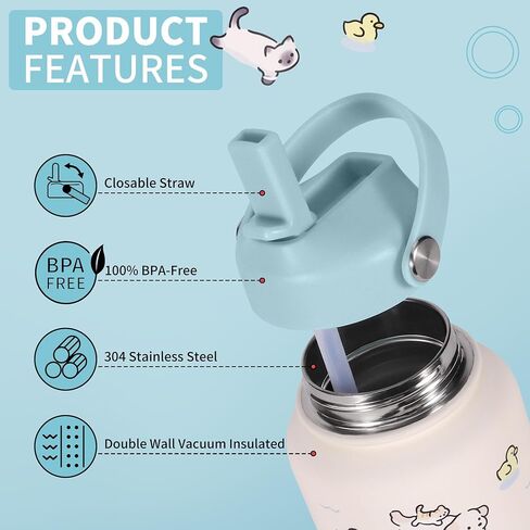 Goetland 20 oz Insulated Water Bottle with Straw Lid Stainless Steel Cute Dog Cat Pattern UV Printed Vacuum Double Wall Leakproof Wide Mouth for Kids Girls Women Light Blue in Saudi Arabia