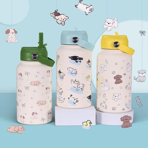 Goetland 20 oz Insulated Water Bottle with Straw Lid Stainless Steel Cute Dog Cat Pattern UV Printed Vacuum Double Wall Leakproof Wide Mouth for Kids Girls Women Light Blue in Saudi Arabia