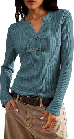 جرة من الحب للسيدات وافل المساكين قمم طويلة الأكمام القمصان Henley Tops V-Deac Button أسفل القمصان الحرارية تسقط ملابس in Kuwait