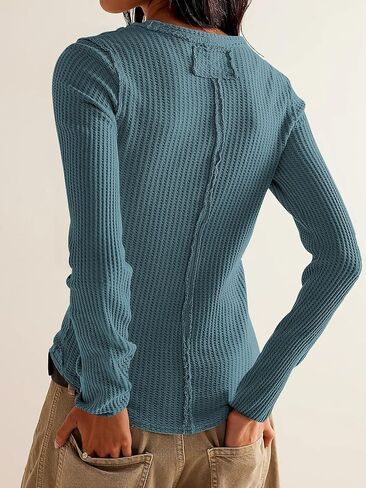 جرة من الحب للسيدات وافل المساكين قمم طويلة الأكمام القمصان Henley Tops V-Deac Button أسفل القمصان الحرارية تسقط ملابس in Kuwait