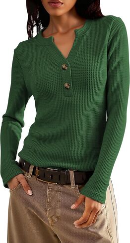 جرة من الحب للسيدات وافل المساكين قمم طويلة الأكمام القمصان Henley Tops V-Deac Button أسفل القمصان الحرارية تسقط ملابس in Kuwait