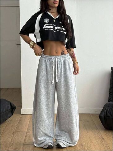 Women's Wide Leg Sweatpants Drawstring Waisted Pants Side Striped Athletic Pants in Saudi Arabia