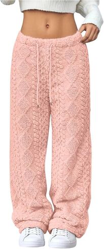JiXiang Women's Fleece Sweatpants Cable Knit Trouser Casual Elastic Waist Drawstring Wide Leg Plush Fuzzy Warm Pajama Pants in Saudi Arabia