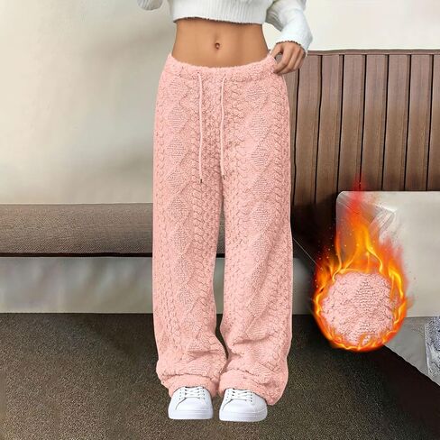JiXiang Women's Fleece Sweatpants Cable Knit Trouser Casual Elastic Waist Drawstring Wide Leg Plush Fuzzy Warm Pajama Pants in Saudi Arabia