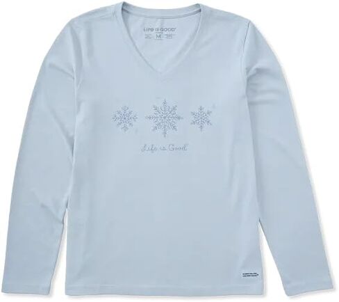Life is Good. Women's Three Doodle Snowflakes Long Sleeve Crusher Vee, Glacier Blue in Saudi Arabia