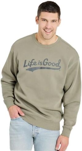 Life is Good. Men's Tonal LIG Ballyard Script Fleece Crew in Moss Green in Saudi Arabia