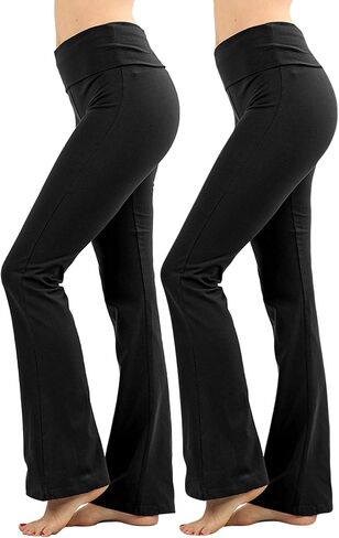 Womens & Plus Stretch Cotton Foldover Waist Bootleg Workout Yoga Pants, (2PK: Black/Black, 1X in Saudi Arabia