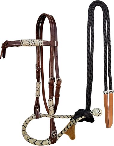 CHALLENGER Horse Western Knotted Bosal Rawhide Hanger Headstall w/Black Braided Reins 78J04BK in Saudi Arabia