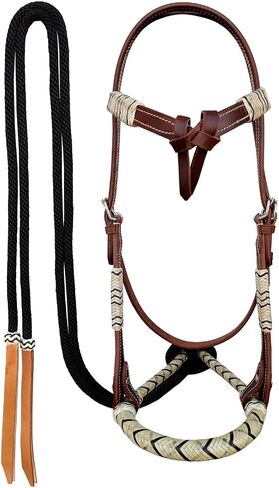 CHALLENGER Horse Western Knotted Bosal Rawhide Hanger Headstall w/Black Braided Reins 78J04BK in Saudi Arabia