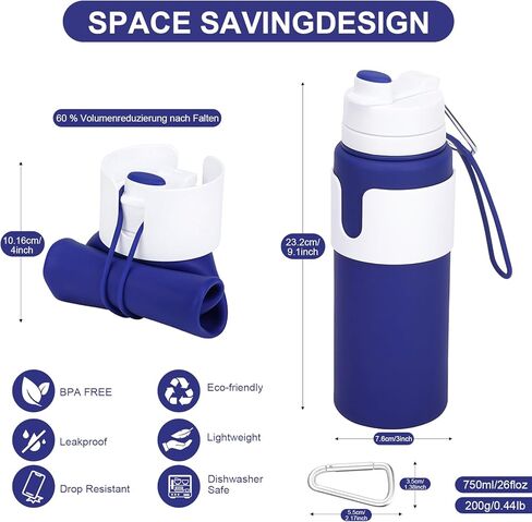 زجاجات مياه قابلة للطي للسفر - 26oz خالية من مادة BPA قابلة للطي مع حلقة تسلق، تصميم خفيف الوزن مانع للتسرب، زجاجة محمولة قابلة لإعادة الاستخدام للمشي لمسافات طويلة والطائرة والتخييم (أخضر) in Kuwait