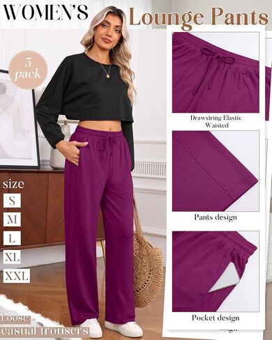 3 Pack Lounge Pants Women Wide Leg Baggy Sweatpants Casual Loose Drawstring Elastic Waist Yoga Pants with Pockets in Saudi Arabia