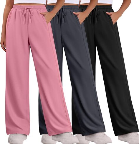 3 Pack Lounge Pants Women Wide Leg Baggy Sweatpants Casual Loose Drawstring Elastic Waist Yoga Pants with Pockets in Saudi Arabia