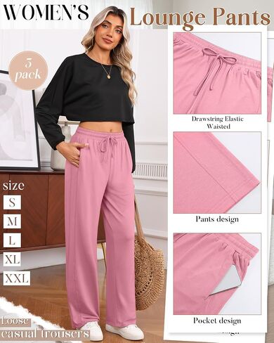 3 Pack Lounge Pants Women Wide Leg Baggy Sweatpants Casual Loose Drawstring Elastic Waist Yoga Pants with Pockets in Saudi Arabia