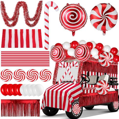 Soulchen 75 Pcs Christmas Golf Cart Decorations Candy Canes Wheel Candy Balloons Foil Tinsel Backdrops Curtain Backdrop Tinsel Garland for Golf Cart Party Supplies Decor (Classic,Red White) in Saudi Arabia