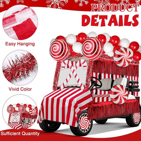 Soulchen 75 Pcs Christmas Golf Cart Decorations Candy Canes Wheel Candy Balloons Foil Tinsel Backdrops Curtain Backdrop Tinsel Garland for Golf Cart Party Supplies Decor (Classic,Red White) in Saudi Arabia