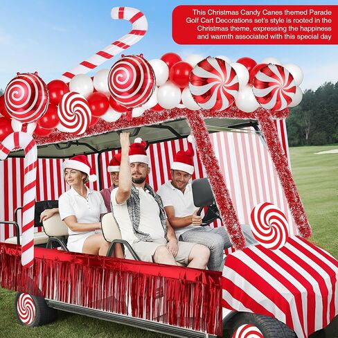 Soulchen 75 Pcs Christmas Golf Cart Decorations Candy Canes Wheel Candy Balloons Foil Tinsel Backdrops Curtain Backdrop Tinsel Garland for Golf Cart Party Supplies Decor (Classic,Red White) in Saudi Arabia