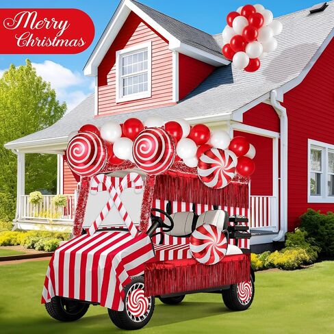 Soulchen 75 Pcs Christmas Golf Cart Decorations Candy Canes Wheel Candy Balloons Foil Tinsel Backdrops Curtain Backdrop Tinsel Garland for Golf Cart Party Supplies Decor (Classic,Red White) in Saudi Arabia