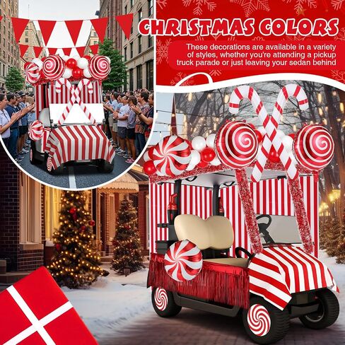 Soulchen 75 Pcs Christmas Golf Cart Decorations Candy Canes Wheel Candy Balloons Foil Tinsel Backdrops Curtain Backdrop Tinsel Garland for Golf Cart Party Supplies Decor (Classic,Red White) in Saudi Arabia