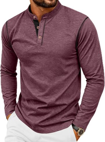 تي شيرت رجالي من PEGENO بأكمام طويلة من Henley قميص كاجوال بياقة مربوطة مصمم بفتحات علوية in Kuwait