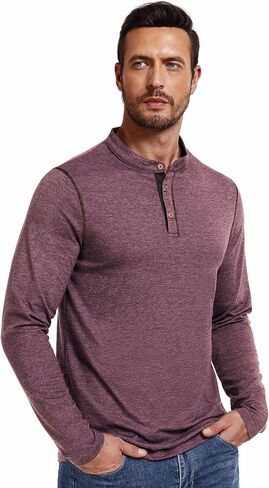 تي شيرت رجالي من PEGENO بأكمام طويلة من Henley قميص كاجوال بياقة مربوطة مصمم بفتحات علوية in Kuwait