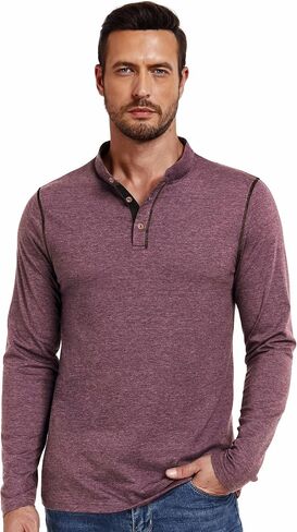 تي شيرت رجالي من PEGENO بأكمام طويلة من Henley قميص كاجوال بياقة مربوطة مصمم بفتحات علوية in Kuwait